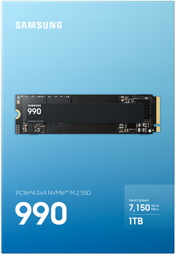 Samsung 990 PRO M.2 NVMe SSD 1TB tárhellyel, kék háttéren, műszaki adatokkal.