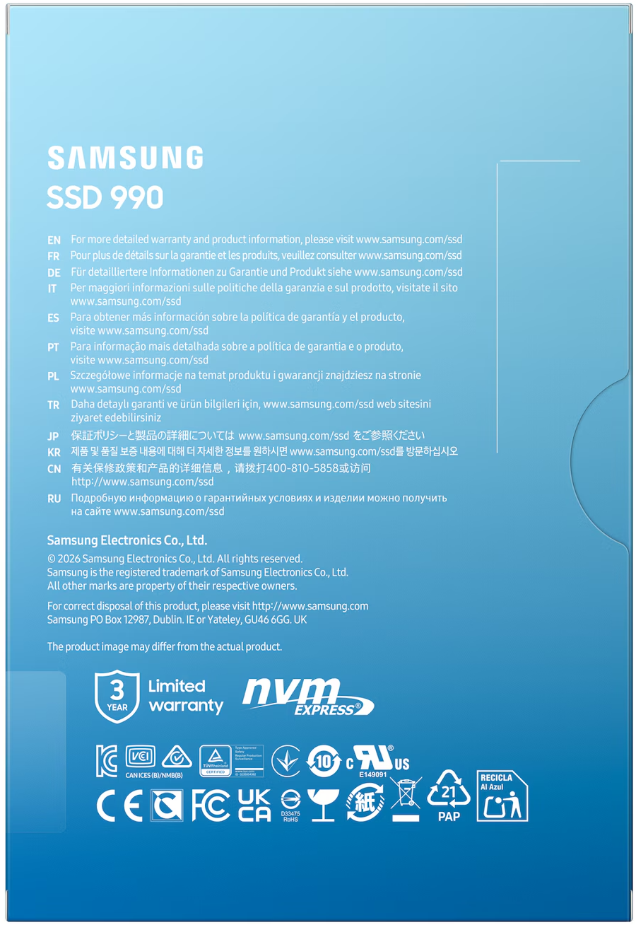 Kék Samsung SSD 990 csomagolás hátoldala szöveggel, garanciális információkkal és különböző tanúsítási szimbólumokkal.