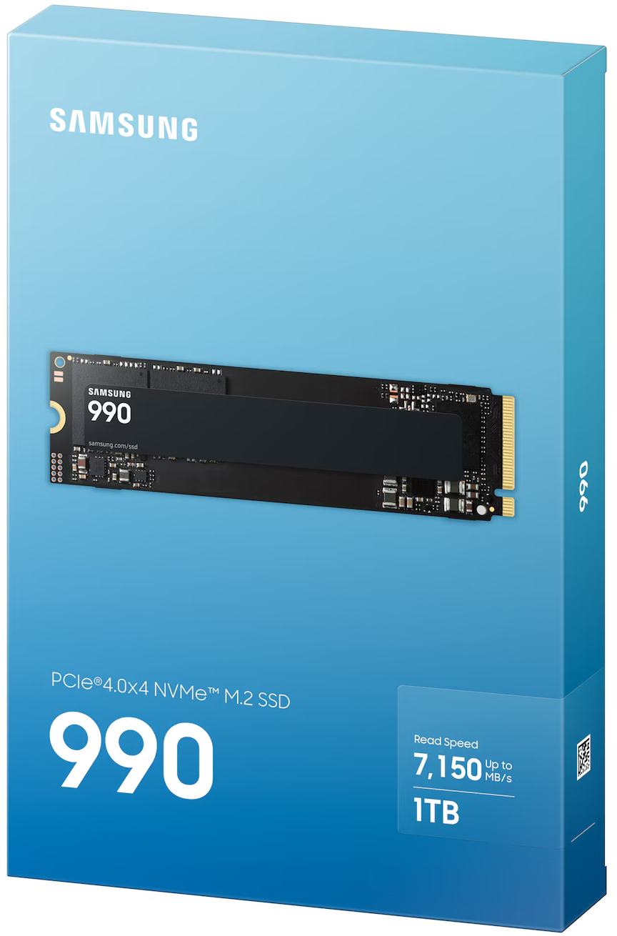 Samsung 990 PRO 1TB M.2 SSD a világoskék termékdobozában.