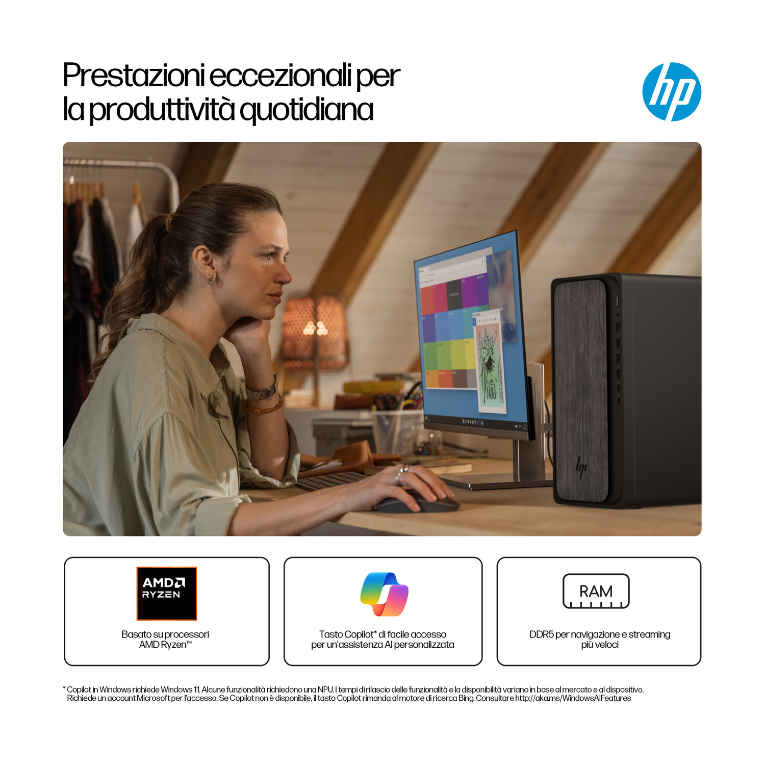 Una donna lavora a una scrivania con un computer HP, un monitor e tre icone di funzioni.