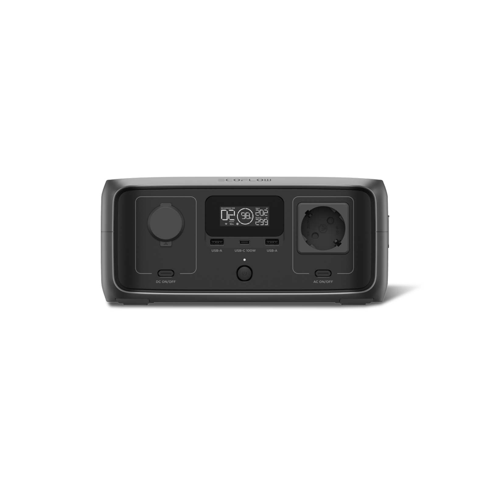 Una estación de energía EcoFlow gris con pantalla digital, puertos USB, toma de corriente y botones DC/AC.
