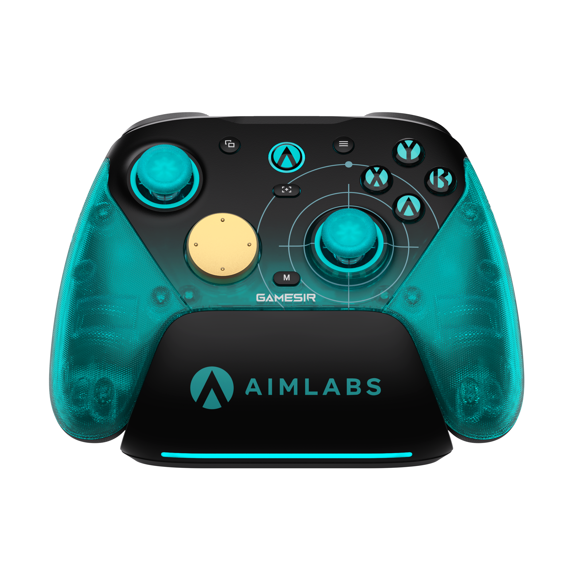 Ein schwarzer und durchscheinend türkisfarbener GameSir Aimlabs Controller mit einem goldenen D-Pad.