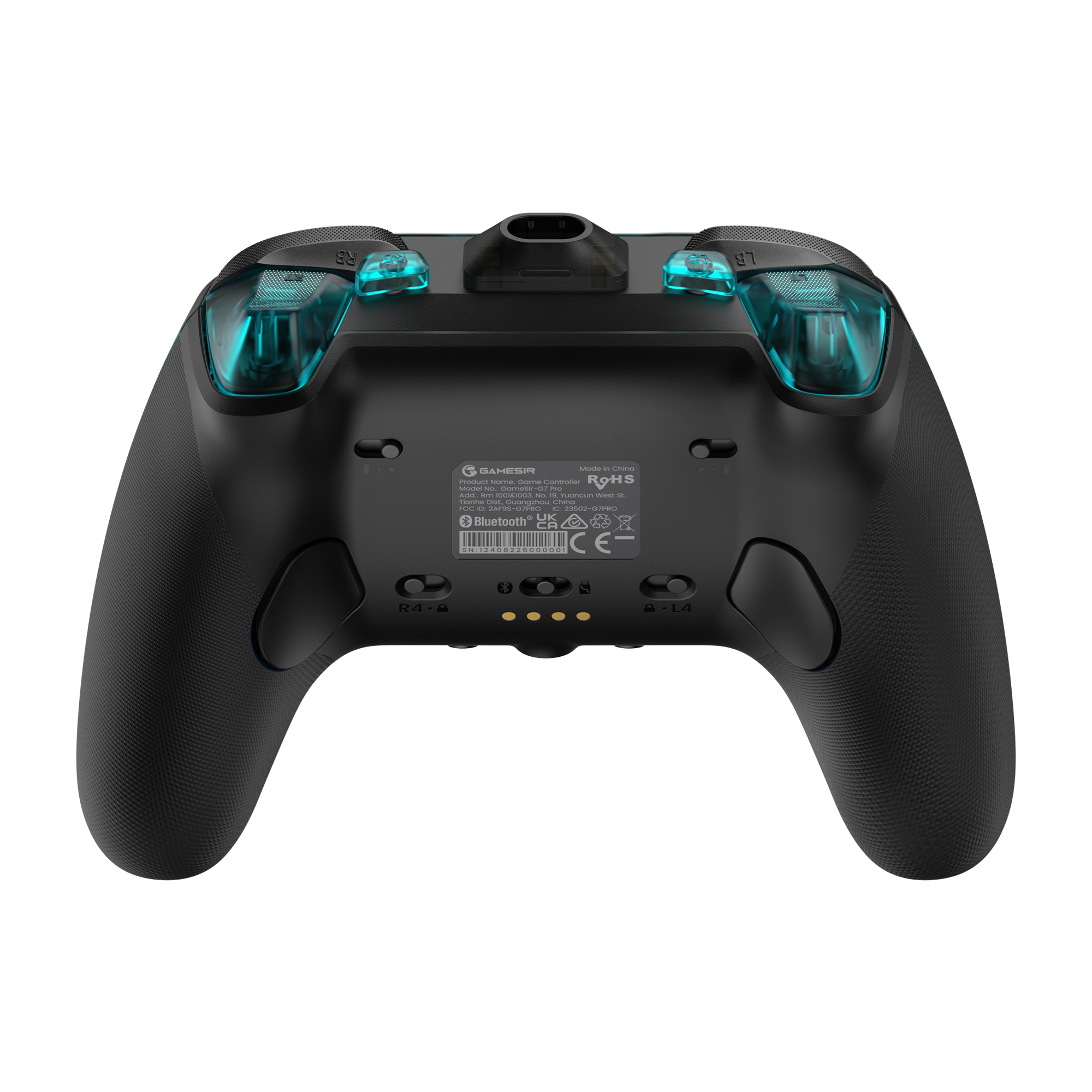 Rückansicht eines schwarzen GameSir-Controllers mit blauen Leuchtakzenten an den oberen Tasten und Beschriftungen in der Mitte.