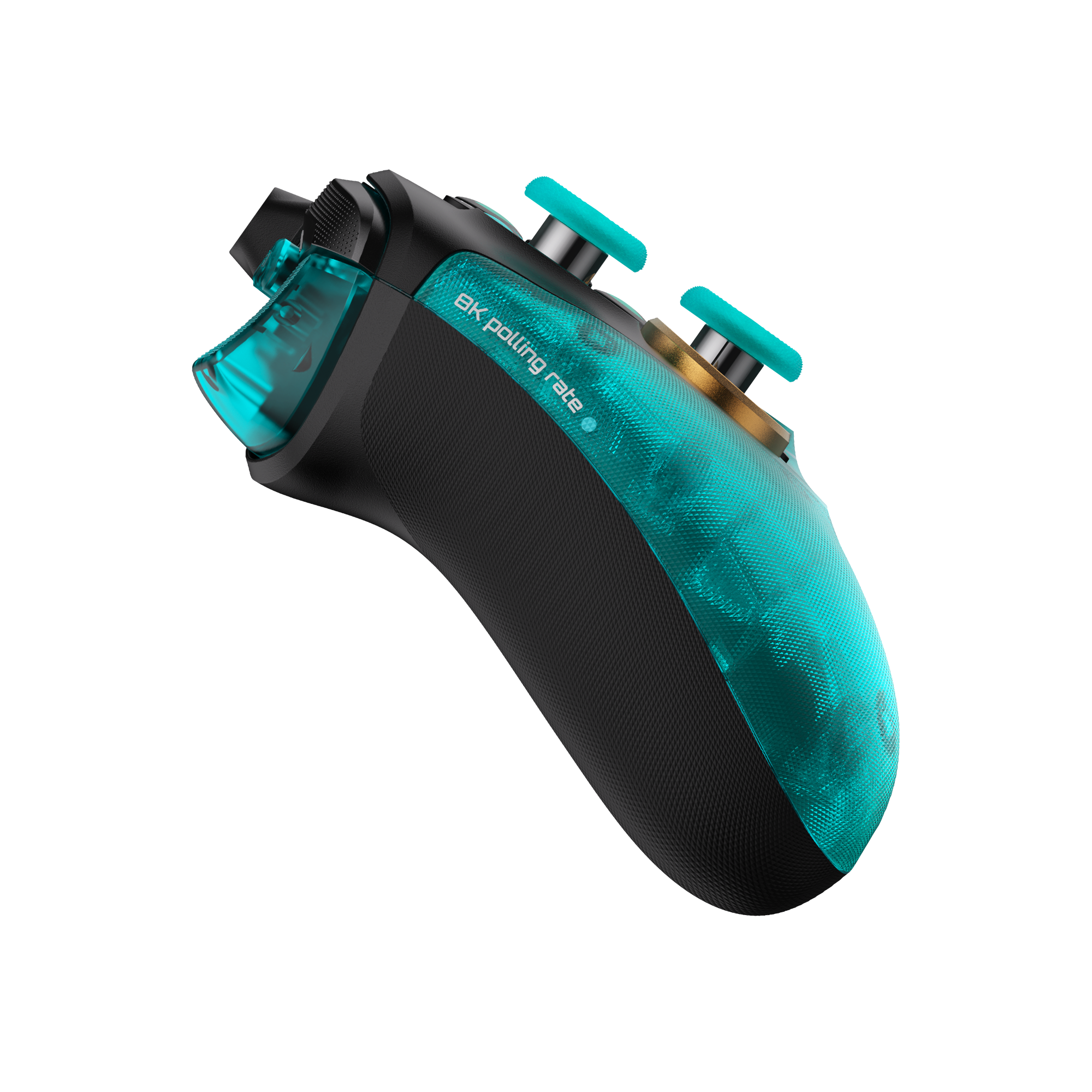 Schwarzer Gaming-Controller mit türkisfarbener, transparenter Griffschale auf schwarzem Hintergrund.