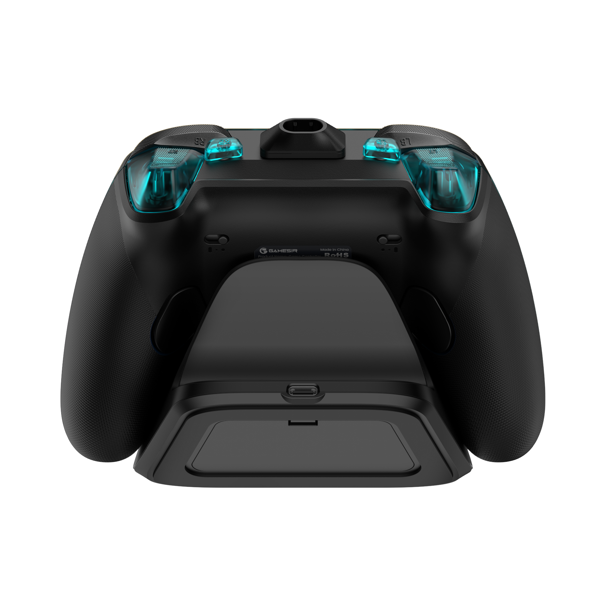 Rückansicht eines schwarzen GameSir-Controllers auf einer Ladestation mit blau beleuchteten Schultertasten.