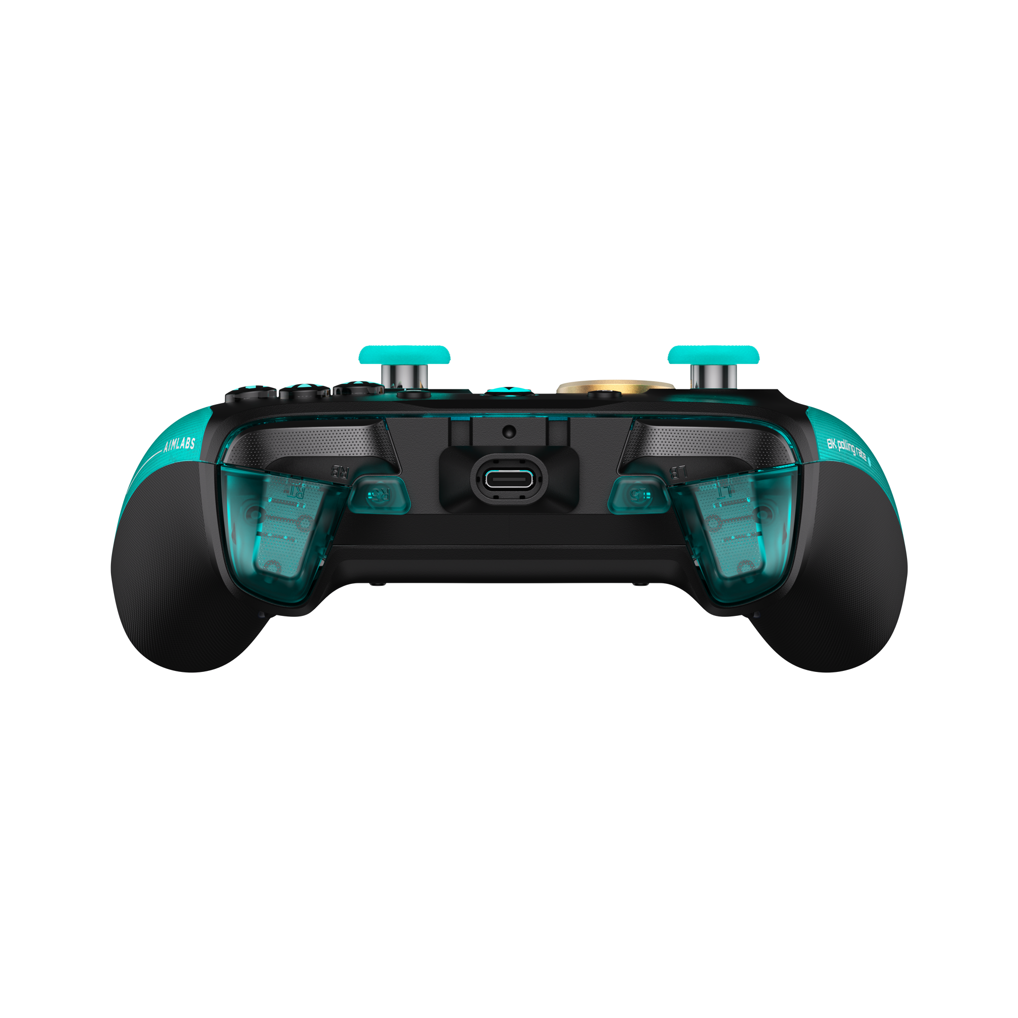 Rückansicht eines schwarzen Gamecontrollers mit hellblauen Akzenten, analogen Sticks und einem zentralen USB-C-Anschluss.