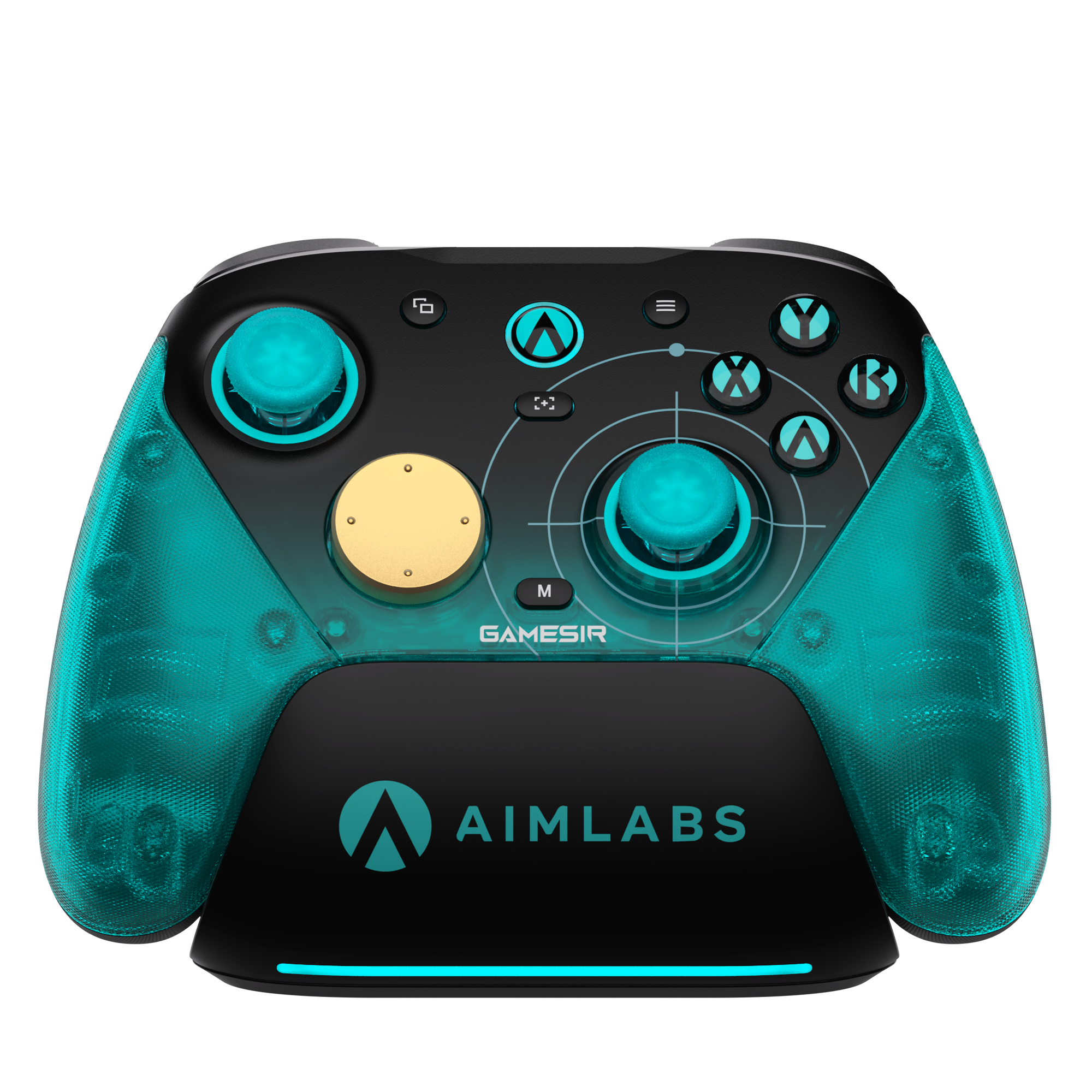 Ein schwarzer GameSir Aimlabs Controller mit türkisblauen Griffen, leuchtenden Akzenten und einer goldenen D-Pad-Platte.