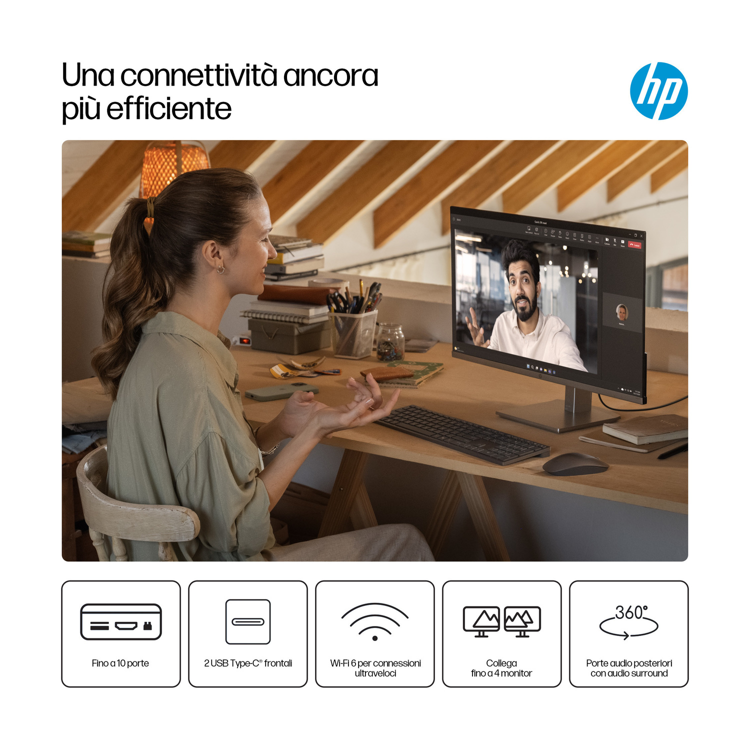 Una donna in videochiamata con monitor HP, con testo e icone in basso.