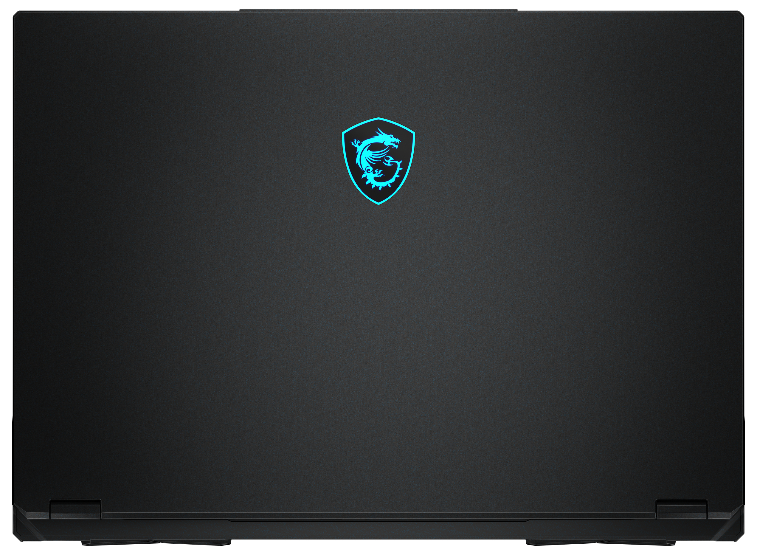 Schwarze Laptop-Rückseite mit einem leuchtend blauen Drachenlogo in der Mitte.