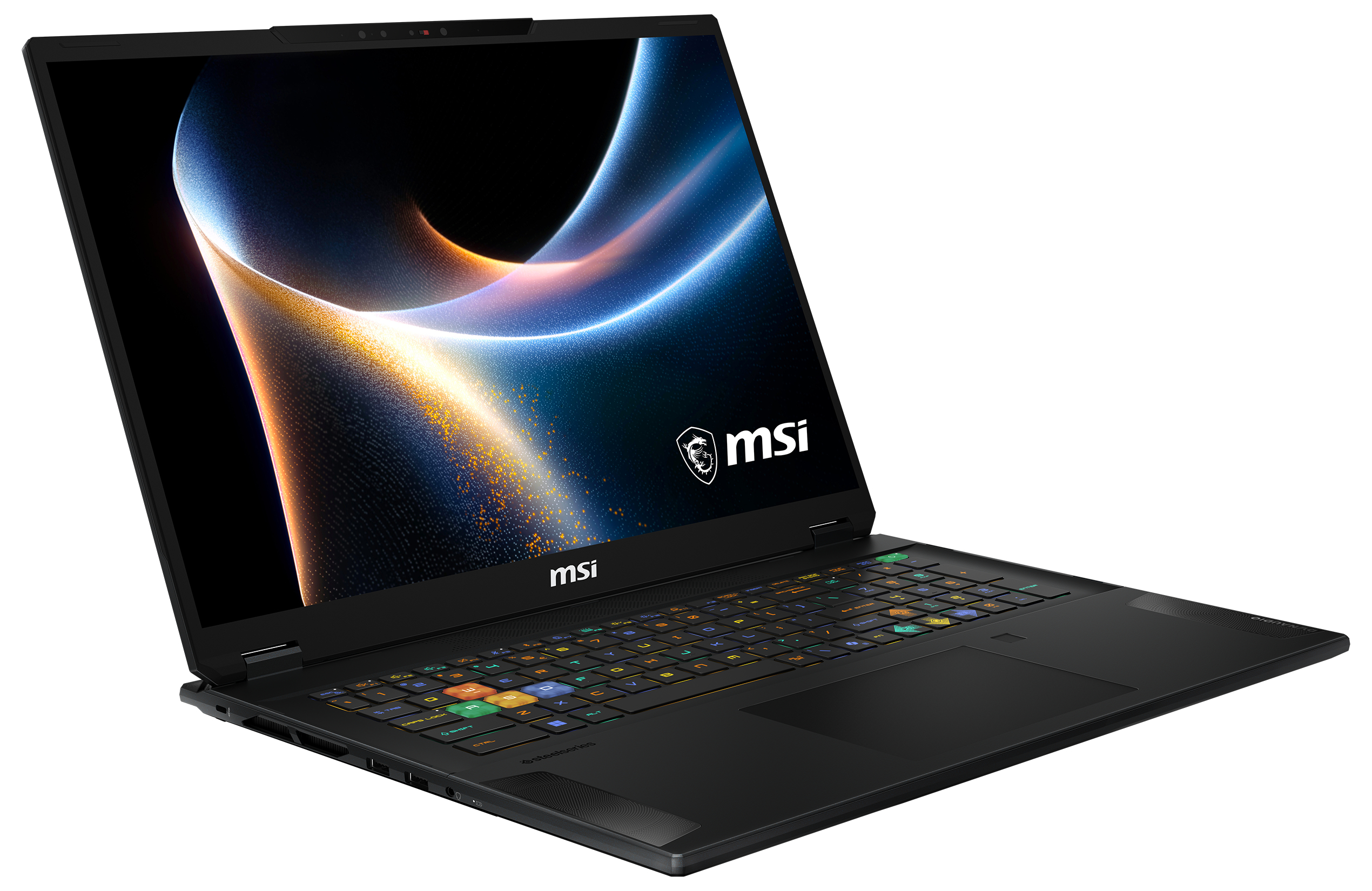Ein schwarzer MSI-Laptop zeigt einen bunten, geschwungenen Lichtstreifen auf dem Display vor weißem Hintergrund.