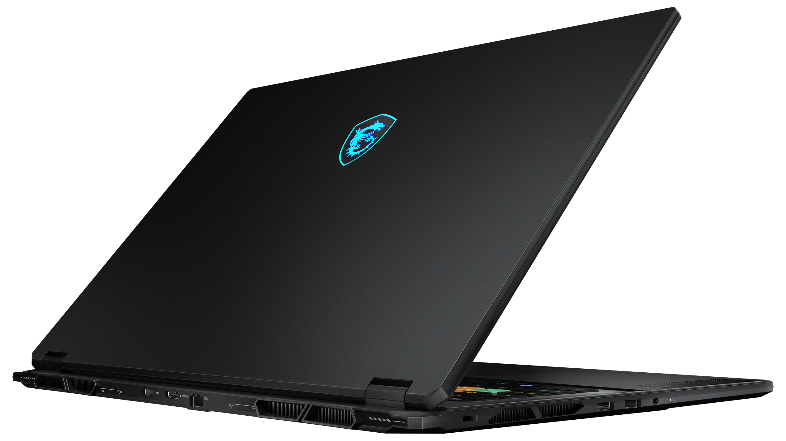 Schwarzer Gaming-Laptop mit blauem MSI-Logo auf dem geschlossenen Deckel, auf weißem Hintergrund.