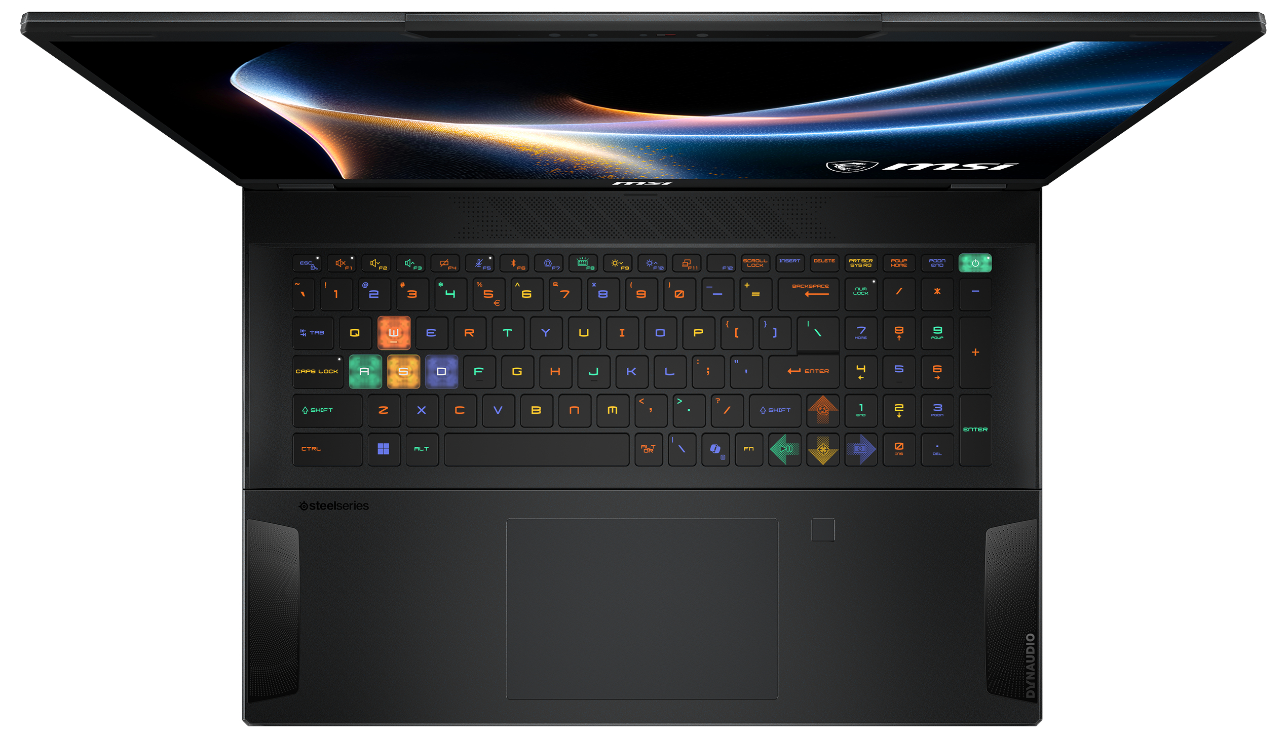 Top-Down-Ansicht eines schwarzen Laptops mit beleuchteter Tastatur und leuchtendem Bildschirm.