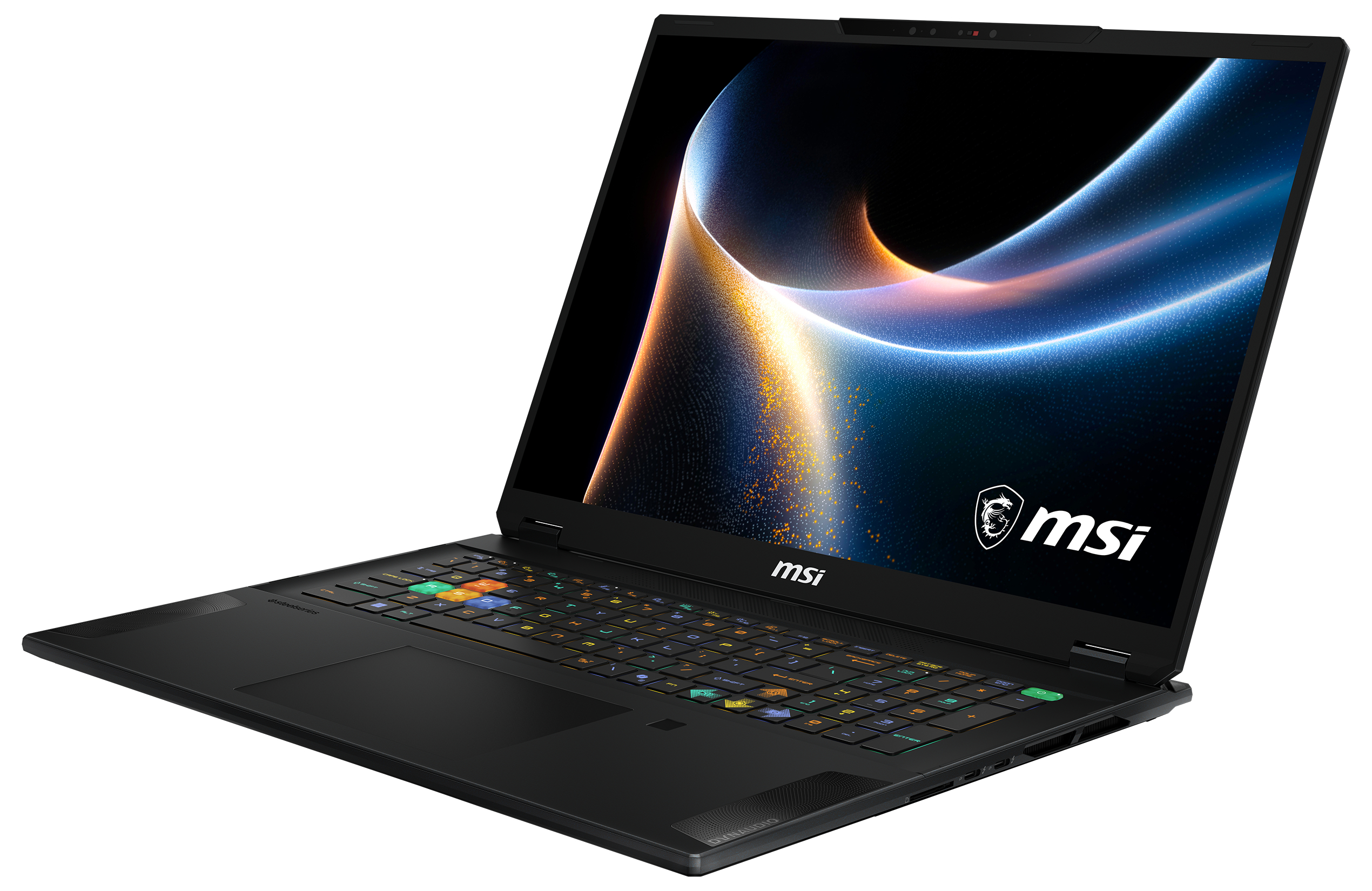 Ein schwarzer MSI-Gaming-Laptop mit bunt hinterleuchteter Tastatur und abstraktem Bildschirmschoner auf weißem Hintergrund.