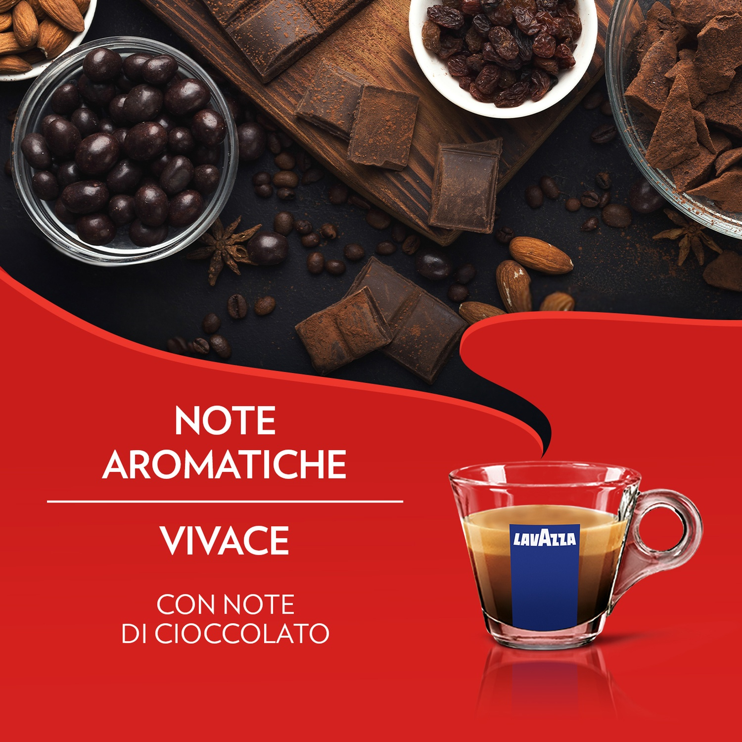 Una tazza di caffè Lavazza circondata da cioccolato, mandorle e uvetta, con testo su sfondo rosso.