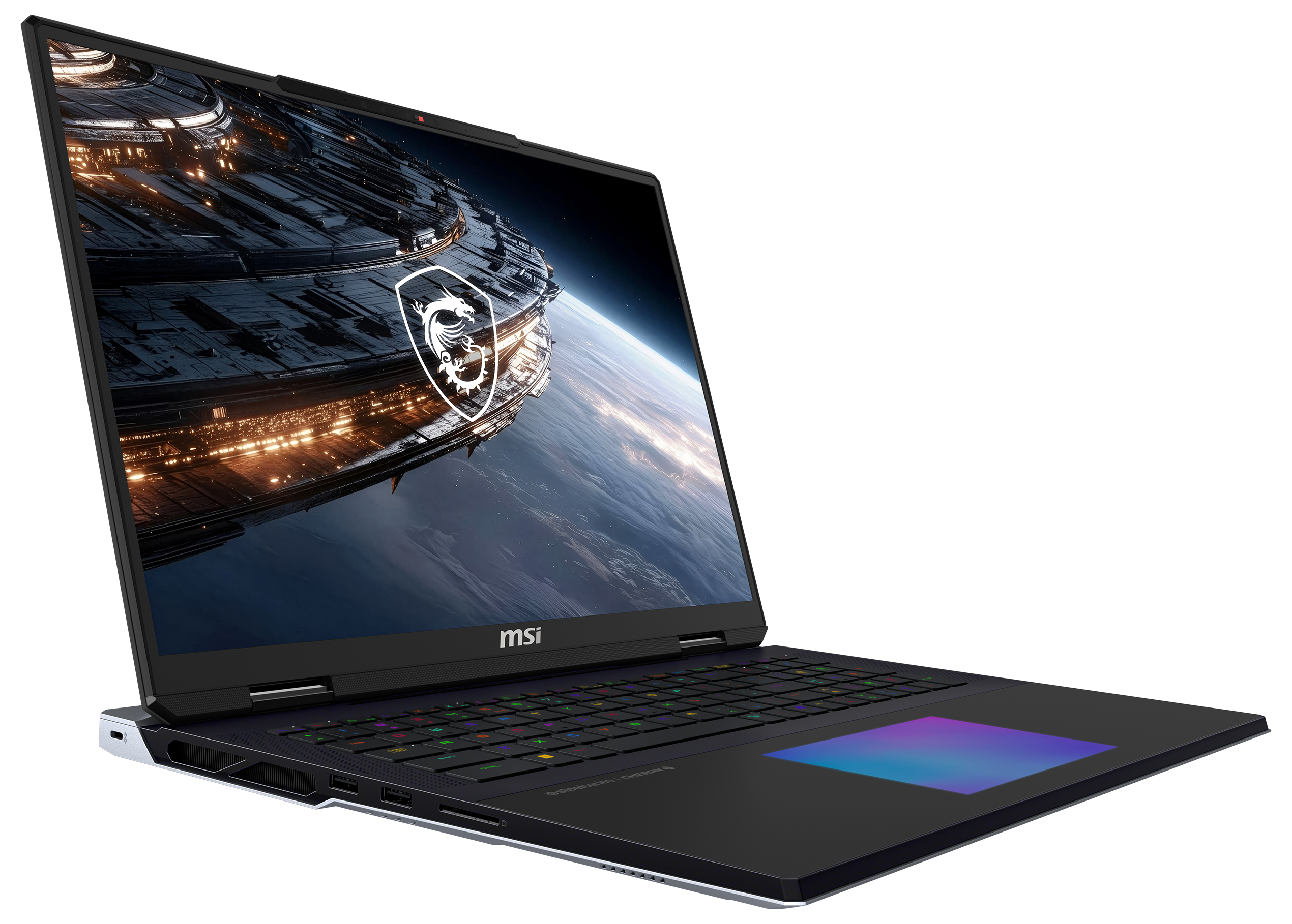 Ein schwarzer Gaming-Laptop mit RGB-Tastatur, beleuchtetem Touchpad und einem futuristischen Wallpaper auf dem Bildschirm.