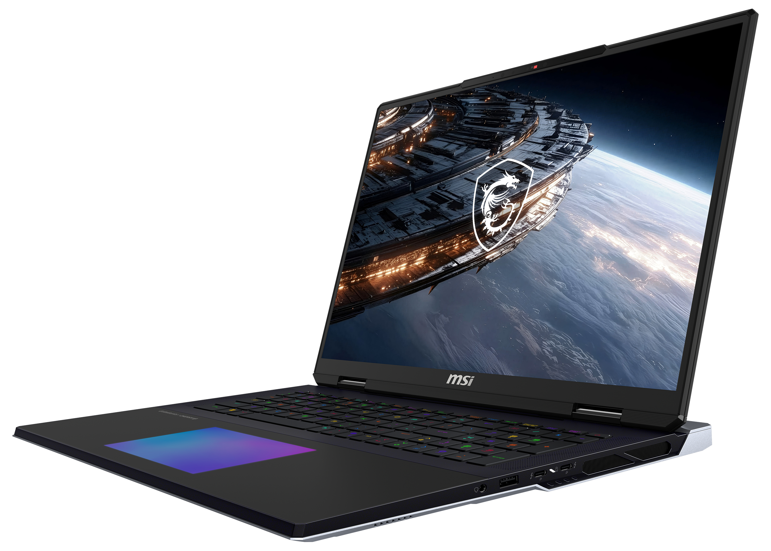 Ein schwarzer MSI Gaming Laptop mit RGB-Tastatur und Weltraum-Hintergrundbild auf dem Bildschirm.