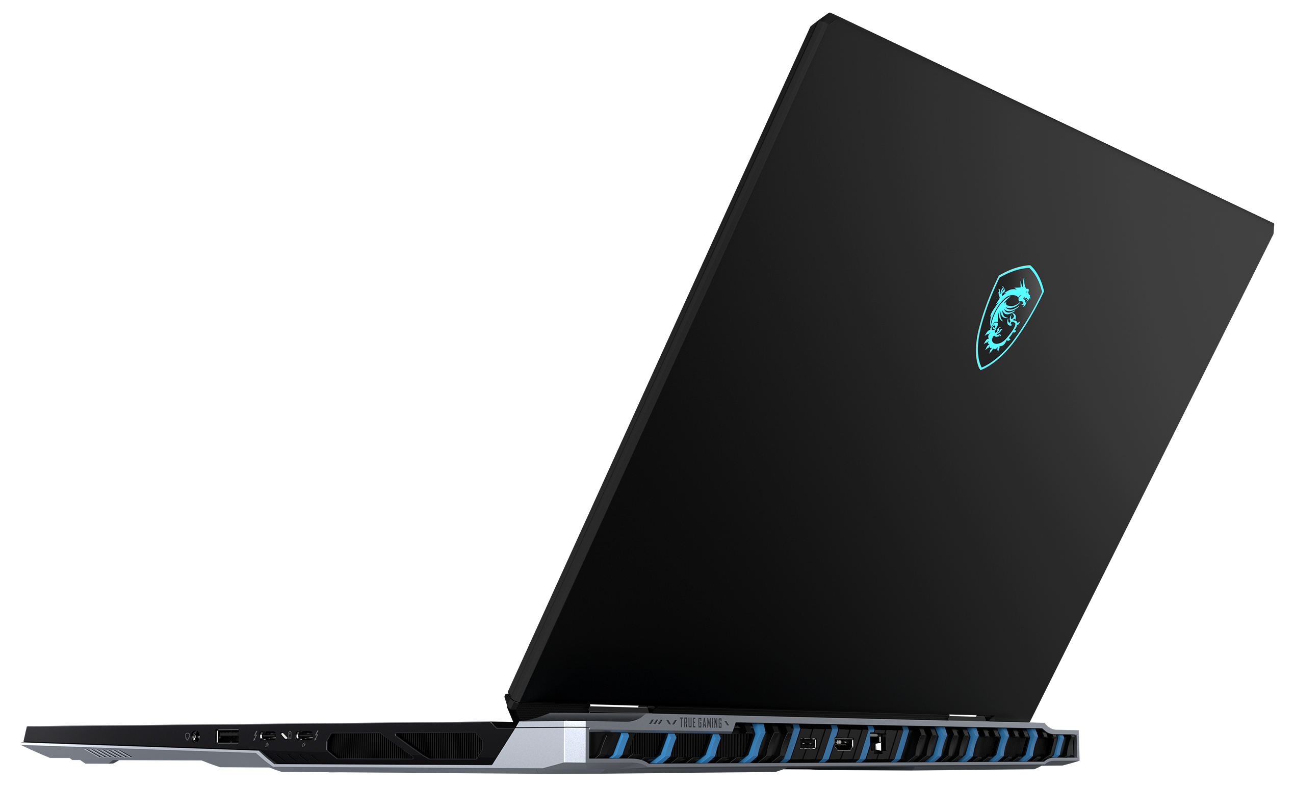 Schwarzer Gaming-Laptop im Profil mit blauem Logo und beleuchteten Anschlüssen auf weißem Hintergrund.