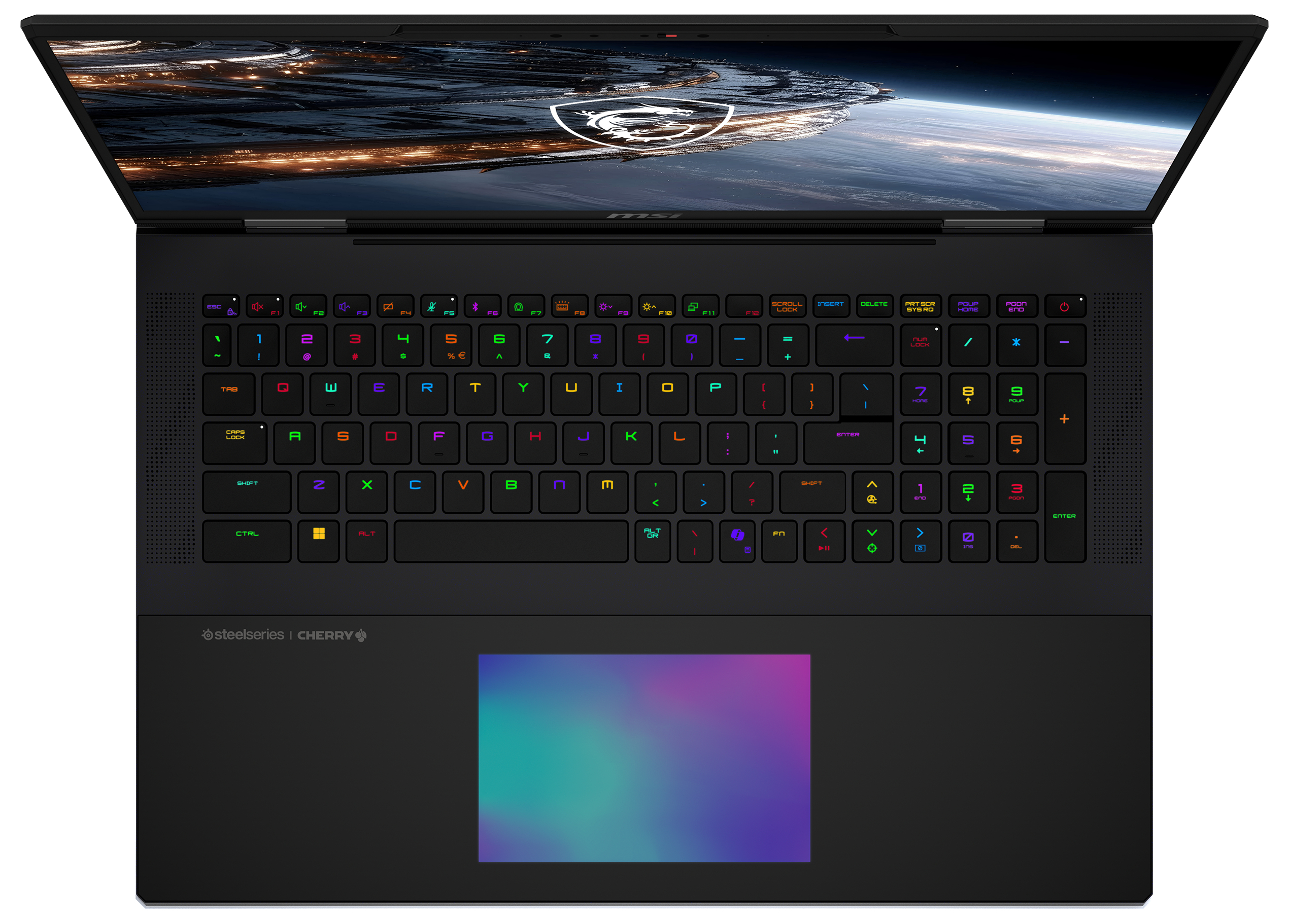 Top-Ansicht eines schwarzen Laptops mit beleuchteter Tastatur und einem farbigen Touchpad.