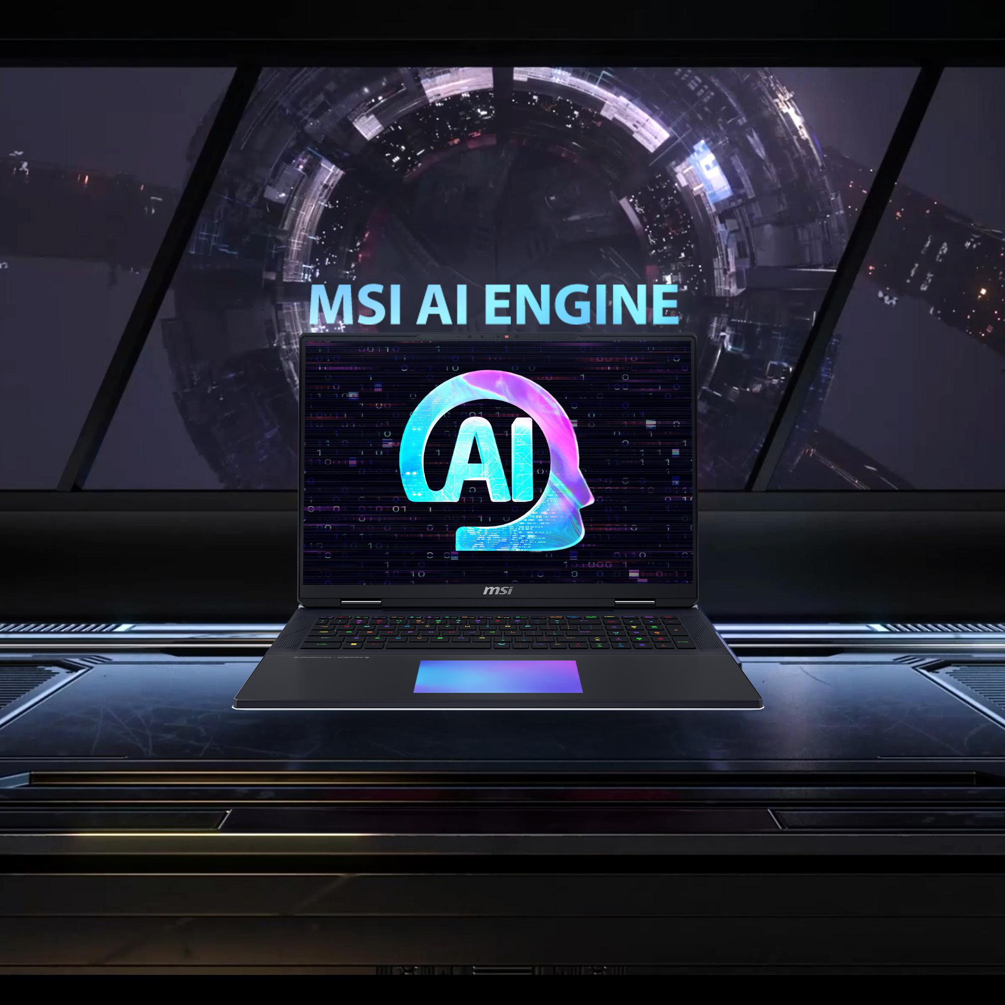 Ein MSI-Laptop mit einem bunten AI-Logo auf dem Bildschirm vor einem futuristischen Weltraumhintergrund.