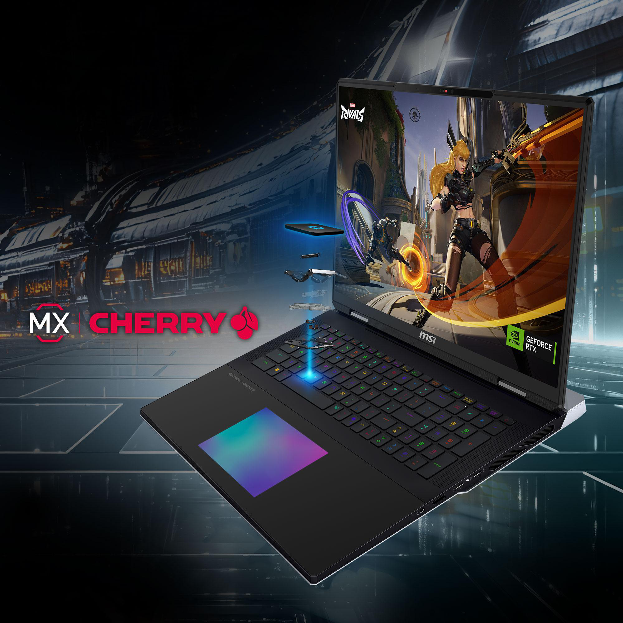 Ein schwarzer Gaming-Laptop zeigt ein Videospiel auf dem Bildschirm, mit geöffneten Tastaturschaltern in der Luft.