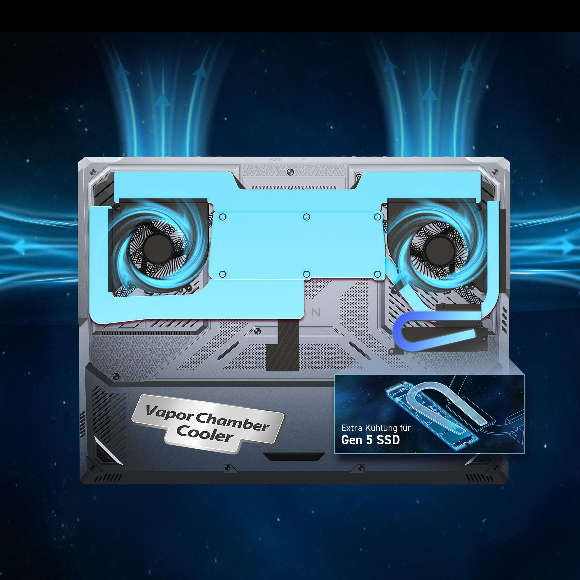 Laptop-Unterseite mit Dual-Lüfern, blauem Kühlungsstrom, Vapor-Chamber-Badge und Gen-5-SSD-Einsatz.