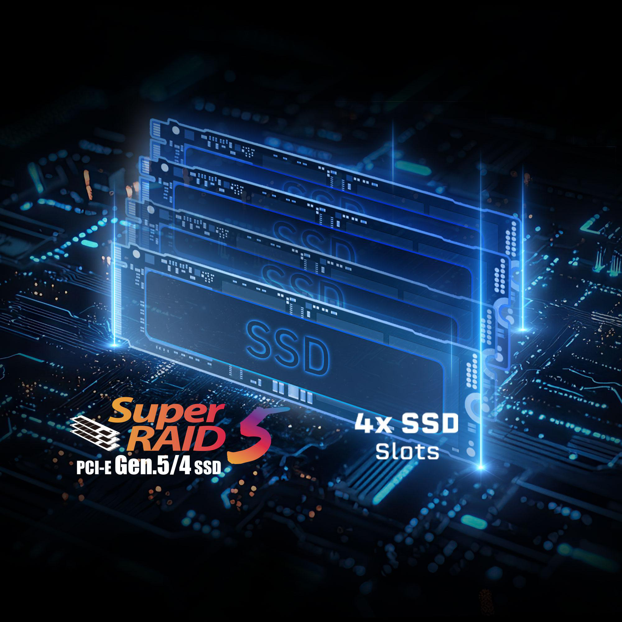 Vier blau leuchtende SSD-Karten über einer Platine, beschriftet mit Super RAID 5 und 4x SSD Slots.