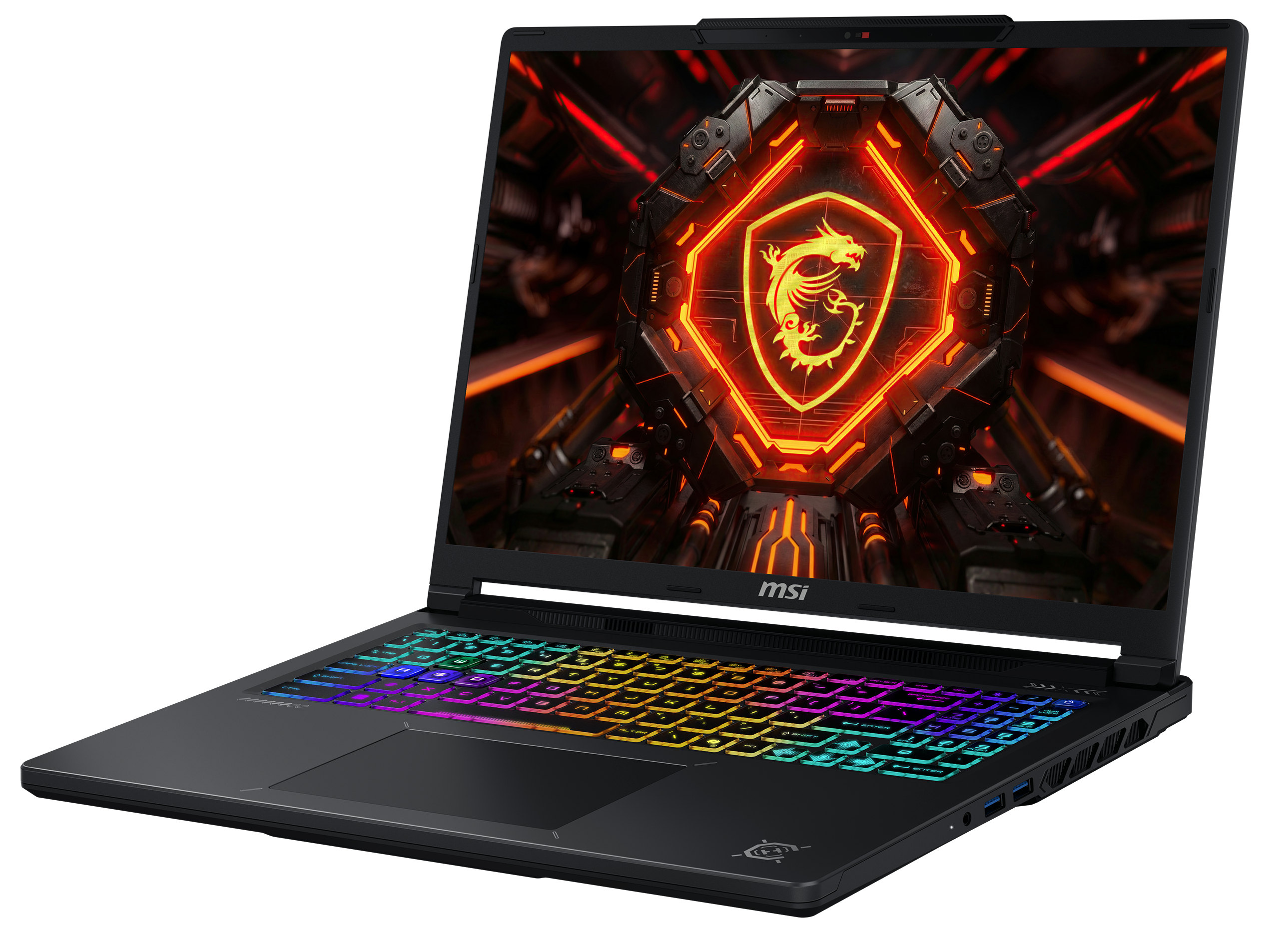 Schwarzer MSI-Gaming-Laptop mit RGB-Tastatur und leuchtendem Drachen-Logo auf dem Bildschirm.