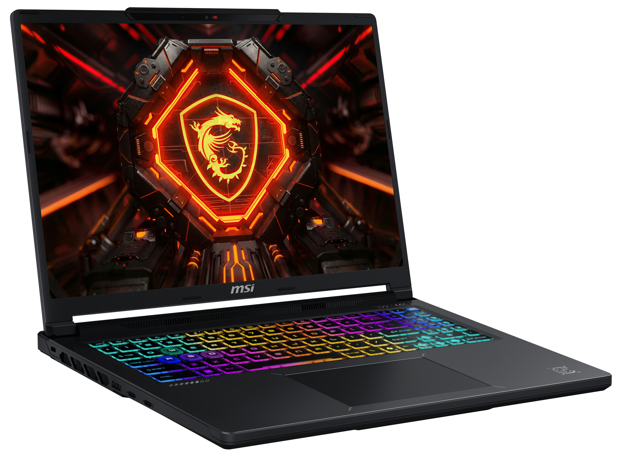 Ein offener schwarzer MSI-Laptop mit beleuchteter RGB-Tastatur und Gaming-Hintergrundbild auf dem Bildschirm.