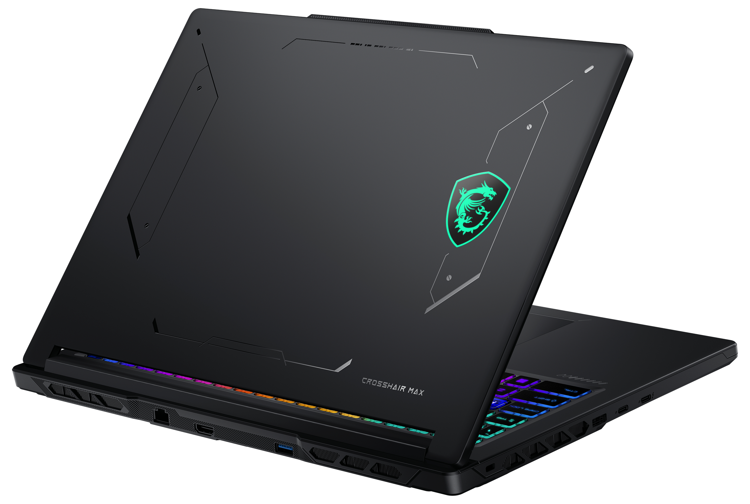 Schwarzer Gaming-Laptop mit grünem Drachen-Logo und RGB-Hintergrundbeleuchtung.