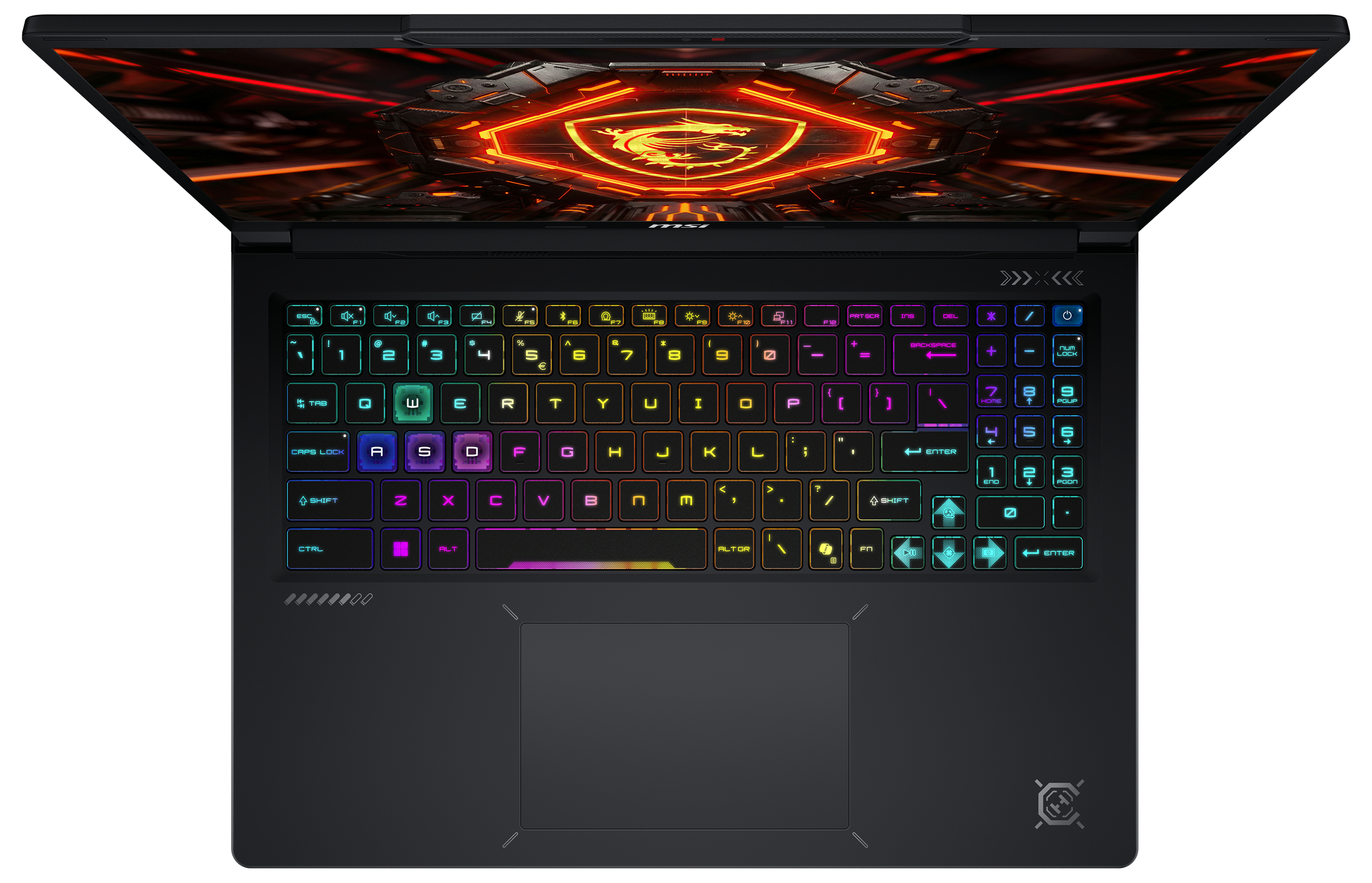 Ein schwarzer Gaming-Laptop mit RGB-beleuchteter Tastatur und rotem Drachenlogo auf dem Bildschirm.