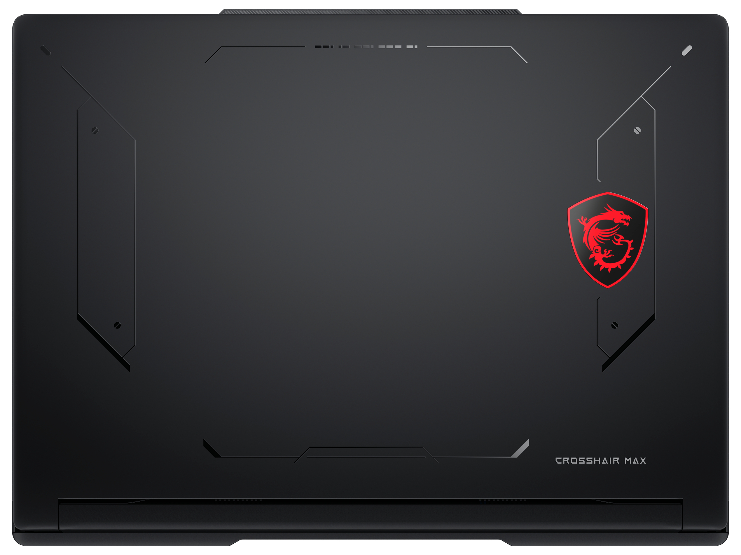 Schwarze Laptop-Rückseite mit roten MSI-Drachenlogo auf der rechten Seite.