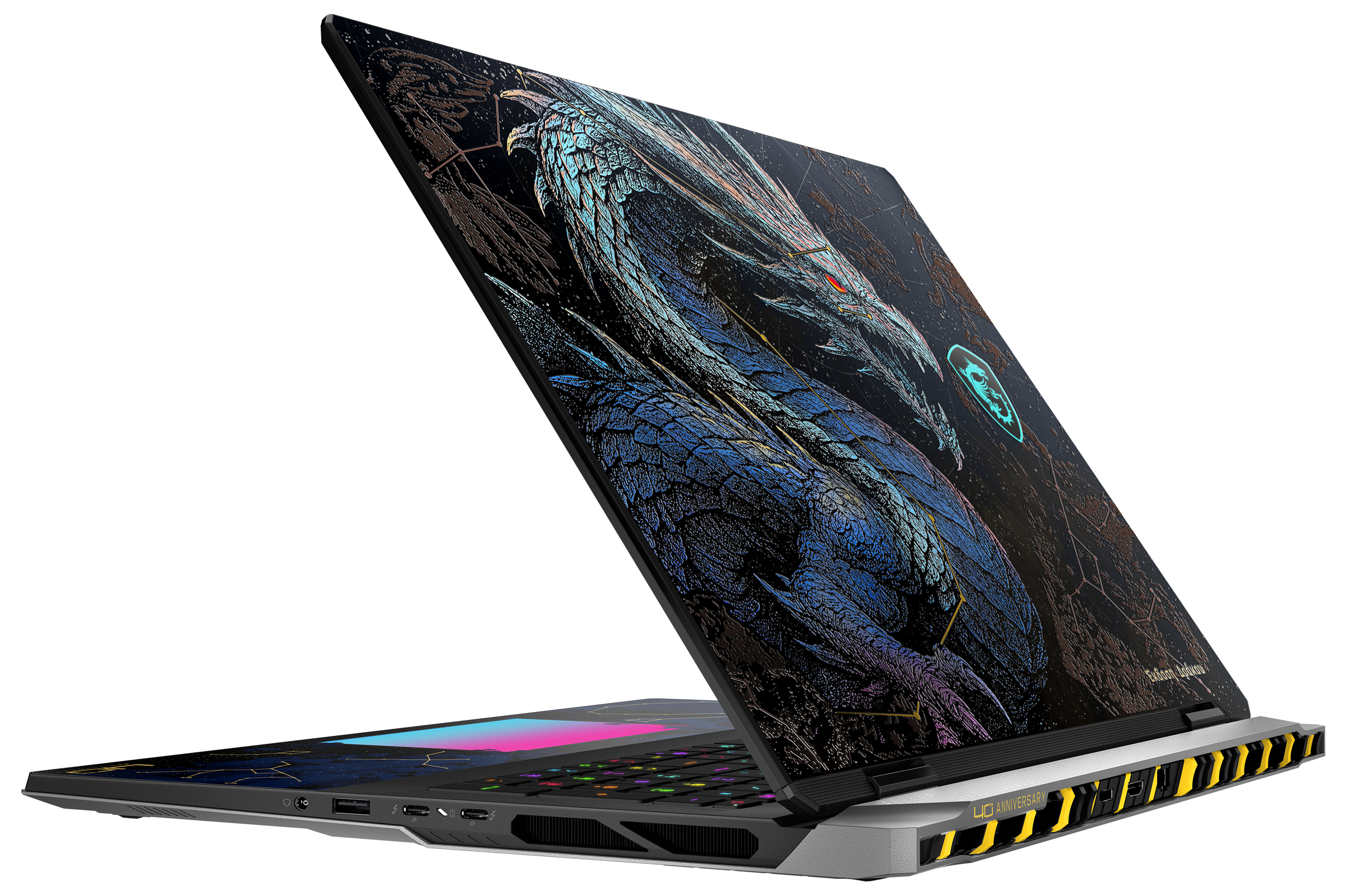 Ein Gaming-Laptop mit Drachenmotiv auf dem Deckel und farbiger Tastatur.