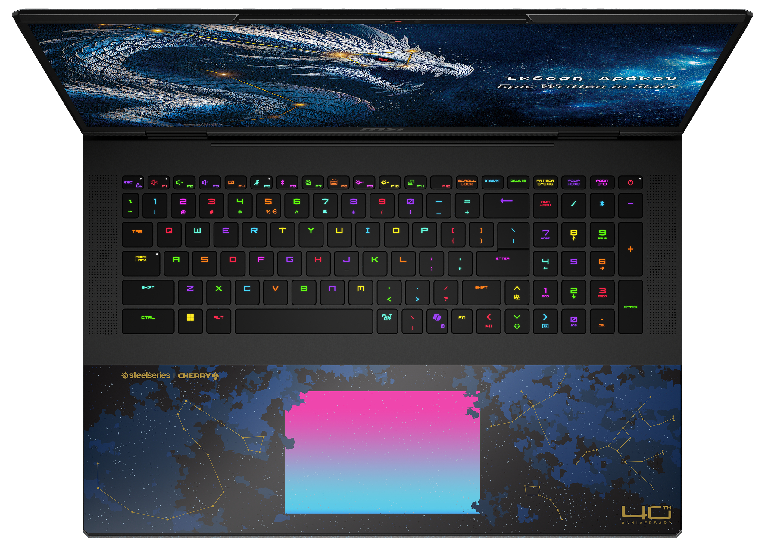 Gaming-Laptop mit RGB-Tastatur, Drachen-Bildschirm und pink-blauem Touchpad.