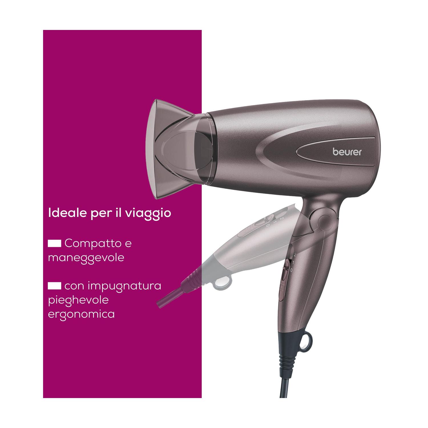 Asciugacapelli da viaggio Beurer grigio con manico pieghevole su sfondo viola e testo promozionale in italiano.