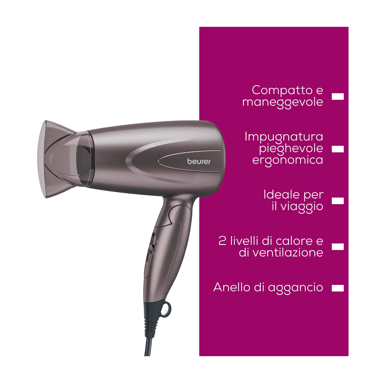 Asciugacapelli grigio compatto Beurer con testo in italiano su sfondo viola.