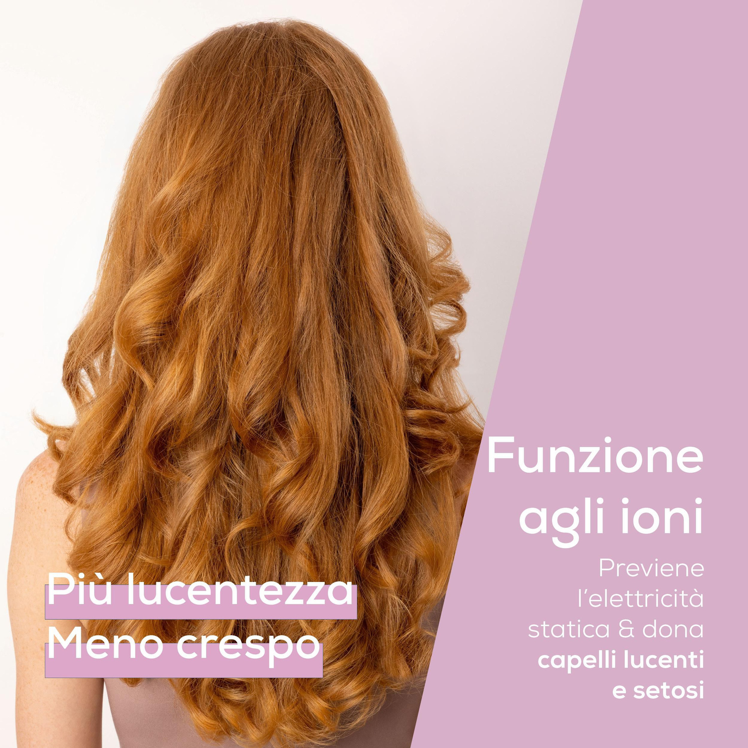 Vista posteriore di una donna con capelli rossi lunghi e mossi e testo pubblicitario in italiano su sfondo viola.