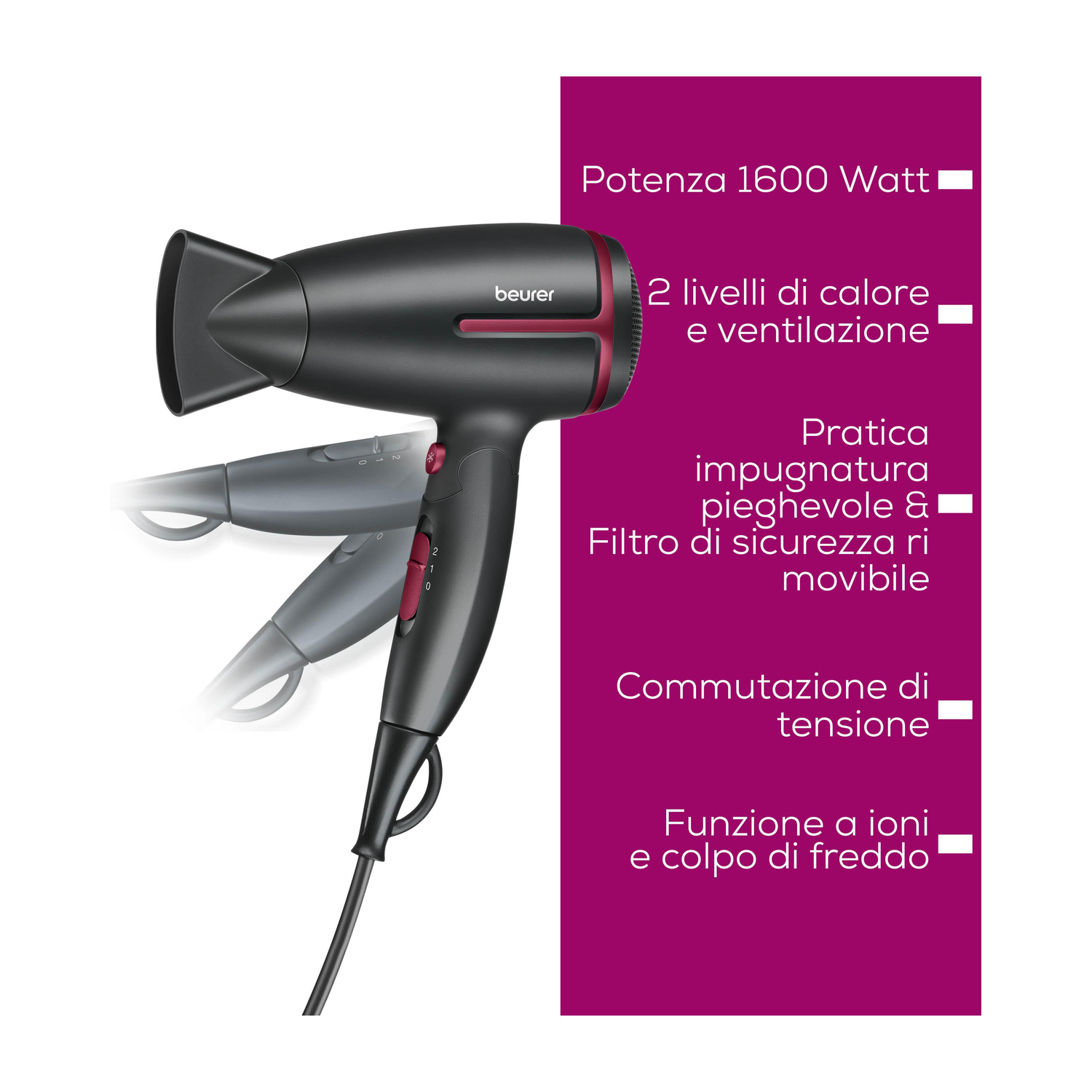 Asciugacapelli nero con dettagli rossi su sfondo rosa e caratteristiche del prodotto in italiano.