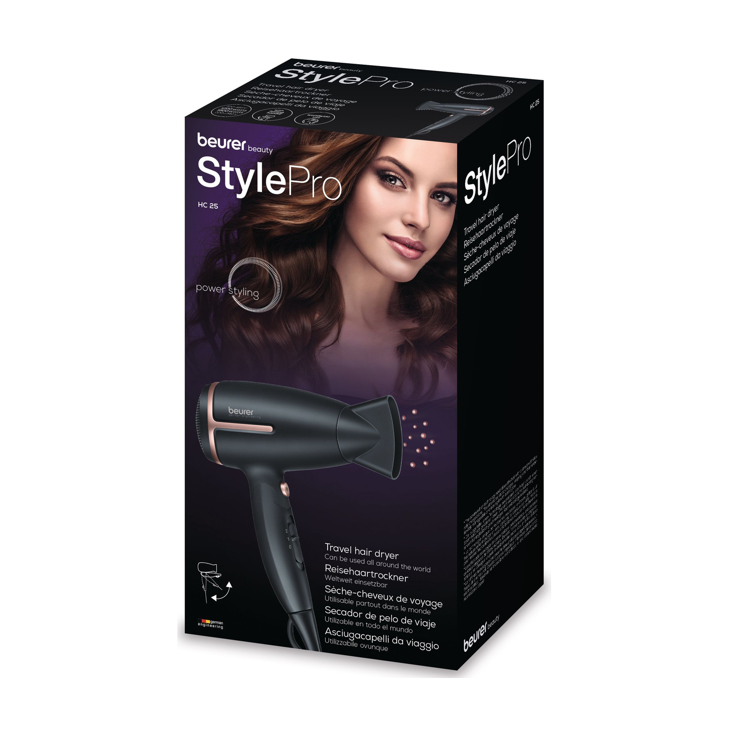 Confezione di un asciugacapelli da viaggio Beurer StylePro nero con dettagli ramati e una donna con i capelli castani.