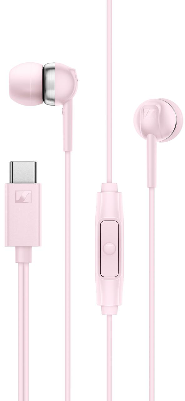 Rózsaszín vezetékes fülhallgató USB-C csatlakozóval és beépített távirányítóval fehér háttérben.