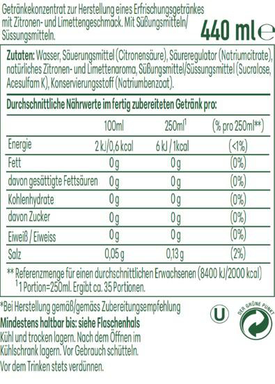 Nährwerttabelle und Zutaten für ein Zitronen-Limetten-Getränkekonzentrat.