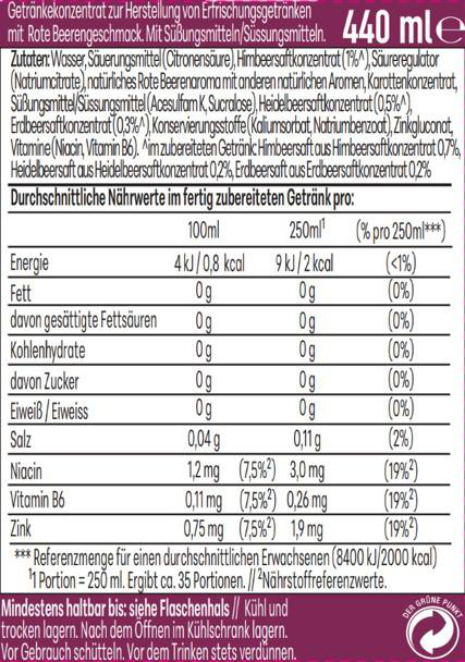 Nährwerttabelle und Zutatenliste eines roten Getränkekonzentrats mit 440 ml Inhalt.