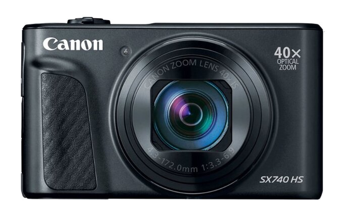 Widok z przodu czarnego aparatu kompaktowego Canon SX740 HS z dużym obiektywem zmiennoogniskowym i napisami.