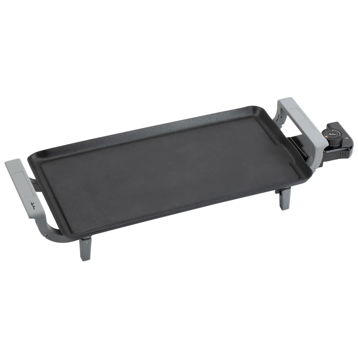 Una plancha eléctrica negra con asas grises y un mando de control de temperatura sobre fondo blanco.