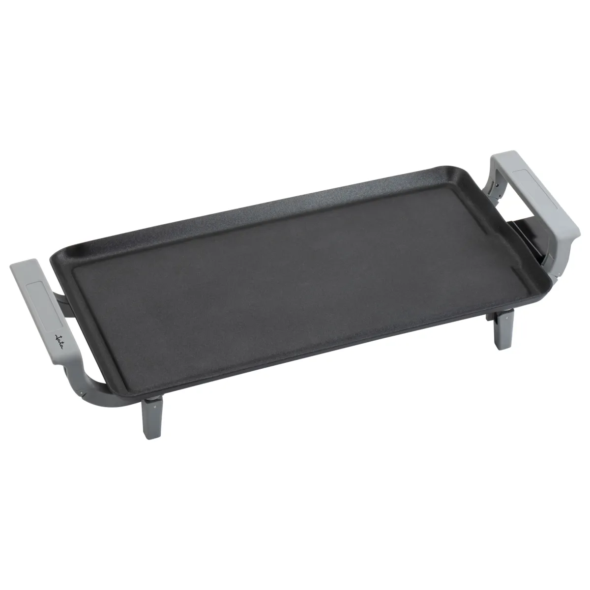 Plancha de asar eléctrica negra con asas y patas grises sobre un fondo blanco.