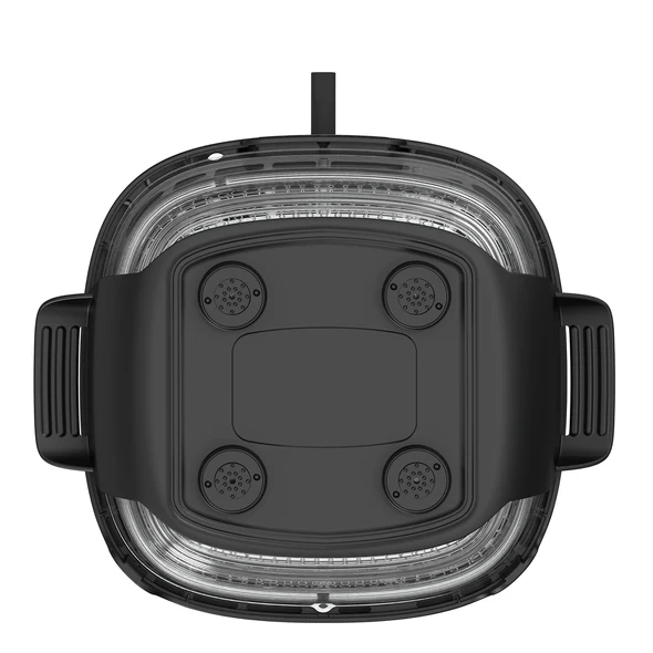 Vista superior de un electrodoméstico negro con cuatro elementos redondos en la tapa.