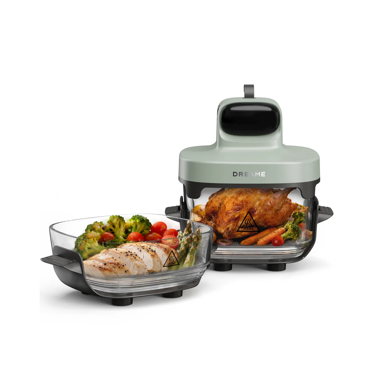 Un electrodoméstico verde claro y negro con un recipiente de vidrio con pollo cocido, brócoli y tomates.