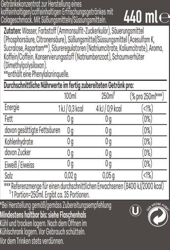 Nährwerttabelle und Zutatenliste auf einem schwarzen Produktetikett mit weißer Schrift.