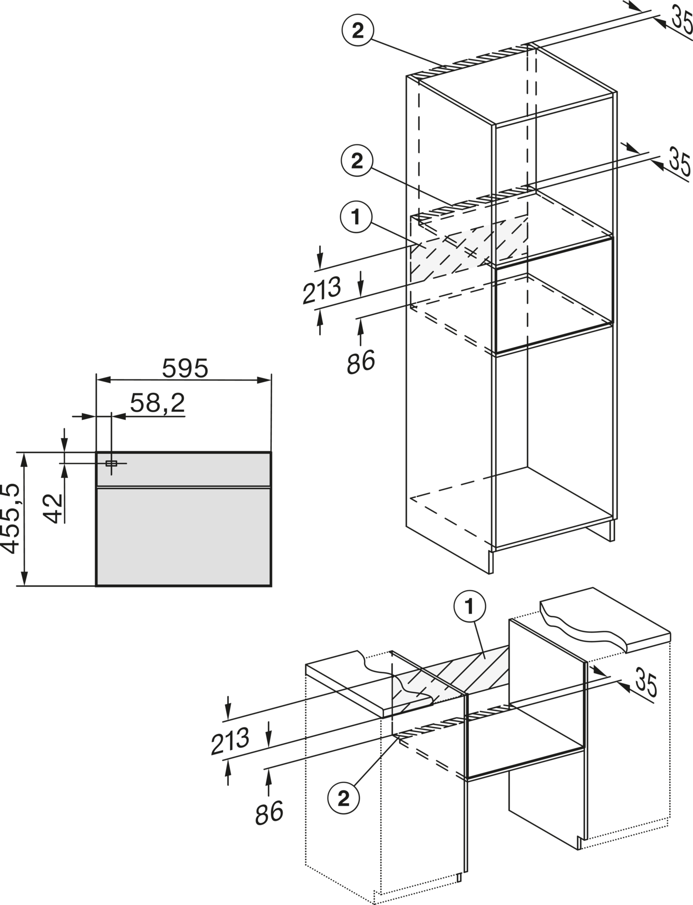 Dessin technique avec dimensions des meubles et appareils, montrant les directives d'installation.