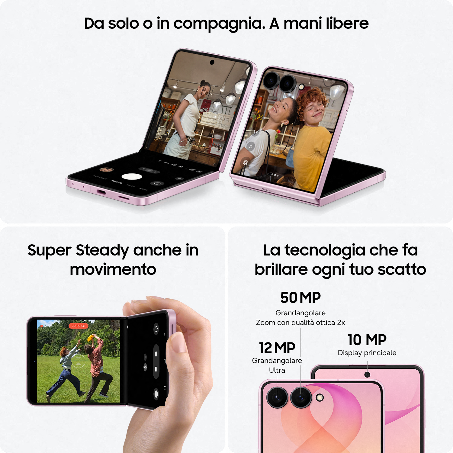 Immagine promozionale di uno smartphone pieghevole rosa con funzioni fotocamera e testo in italiano.
