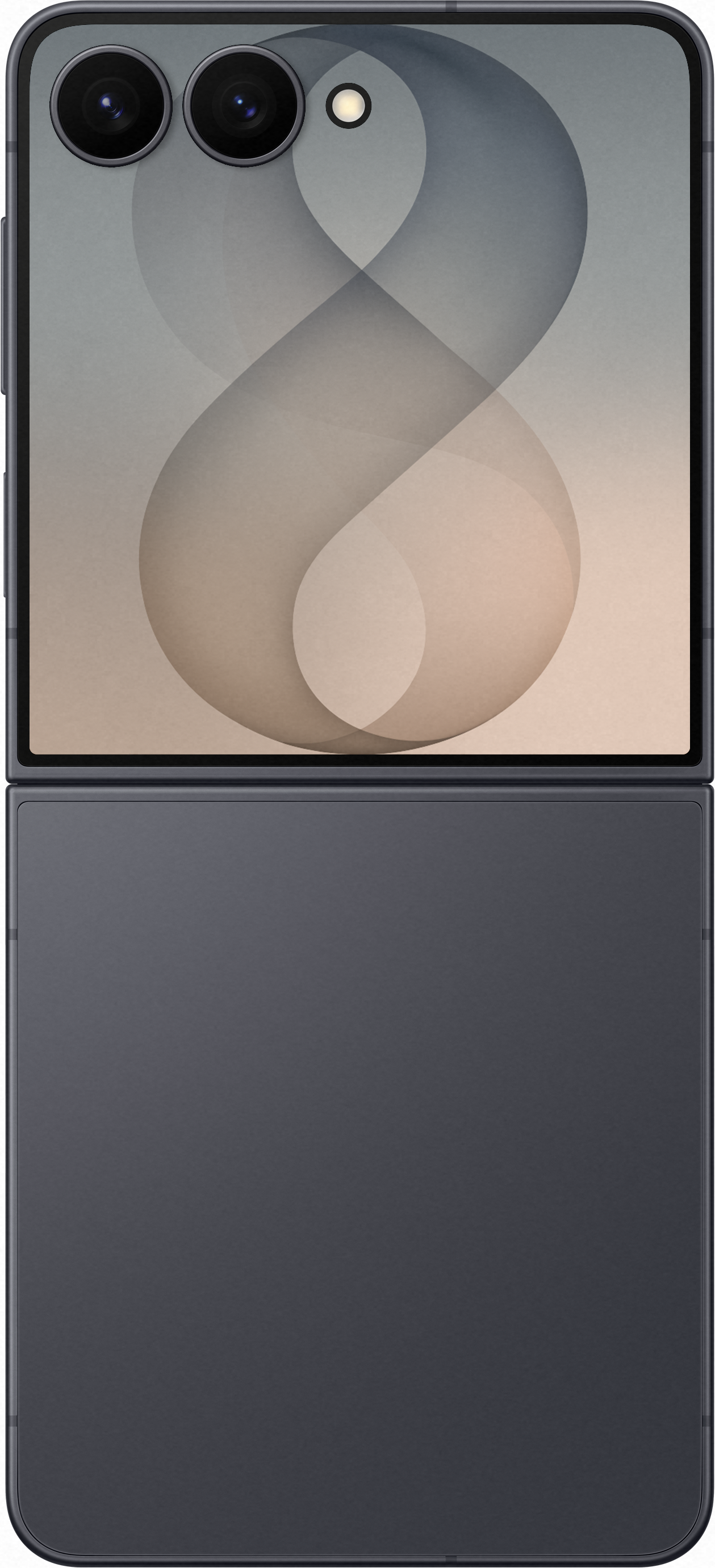 Vista posteriore di uno smartphone pieghevole grigio con due obiettivi e uno schermo esterno.